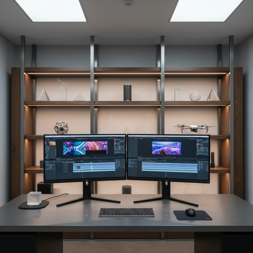 A sleek, high-end workstation desk with dual ultra-thin black monitors displaying vivid video editing interfaces, both set on a matte gray surface with a brushed aluminum finish. In the background, meticulously arranged shelves house geometric, frosted acrylic awards and modern tech décor pieces. Overhead, soft diffused studio lighting casts even illumination, creating crisp highlights without harsh shadows. The space is uncluttered and orderly, conveying a focused, professional workspace ideal for creative AI filmmaking. Shot from an eye-level perspective with a centered, balanced composition and sharp focus throughout, the atmosphere is sophisticated and modern, expressing a clean, corporate aesthetic in photographic realism.