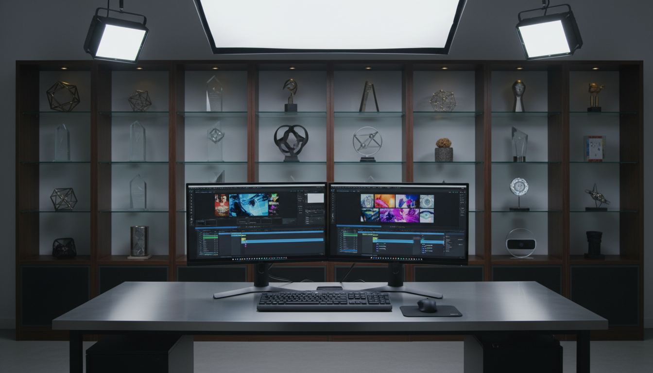 A sleek, high-end workstation desk with dual ultra-thin black monitors displaying vivid video editing interfaces, both set on a matte gray surface with a brushed aluminum finish. In the background, meticulously arranged shelves house geometric, frosted acrylic awards and modern tech décor pieces. Overhead, soft diffused studio lighting casts even illumination, creating crisp highlights without harsh shadows. The space is uncluttered and orderly, conveying a focused, professional workspace ideal for creative AI filmmaking. Shot from an eye-level perspective with a centered, balanced composition and sharp focus throughout, the atmosphere is sophisticated and modern, expressing a clean, corporate aesthetic in photographic realism.