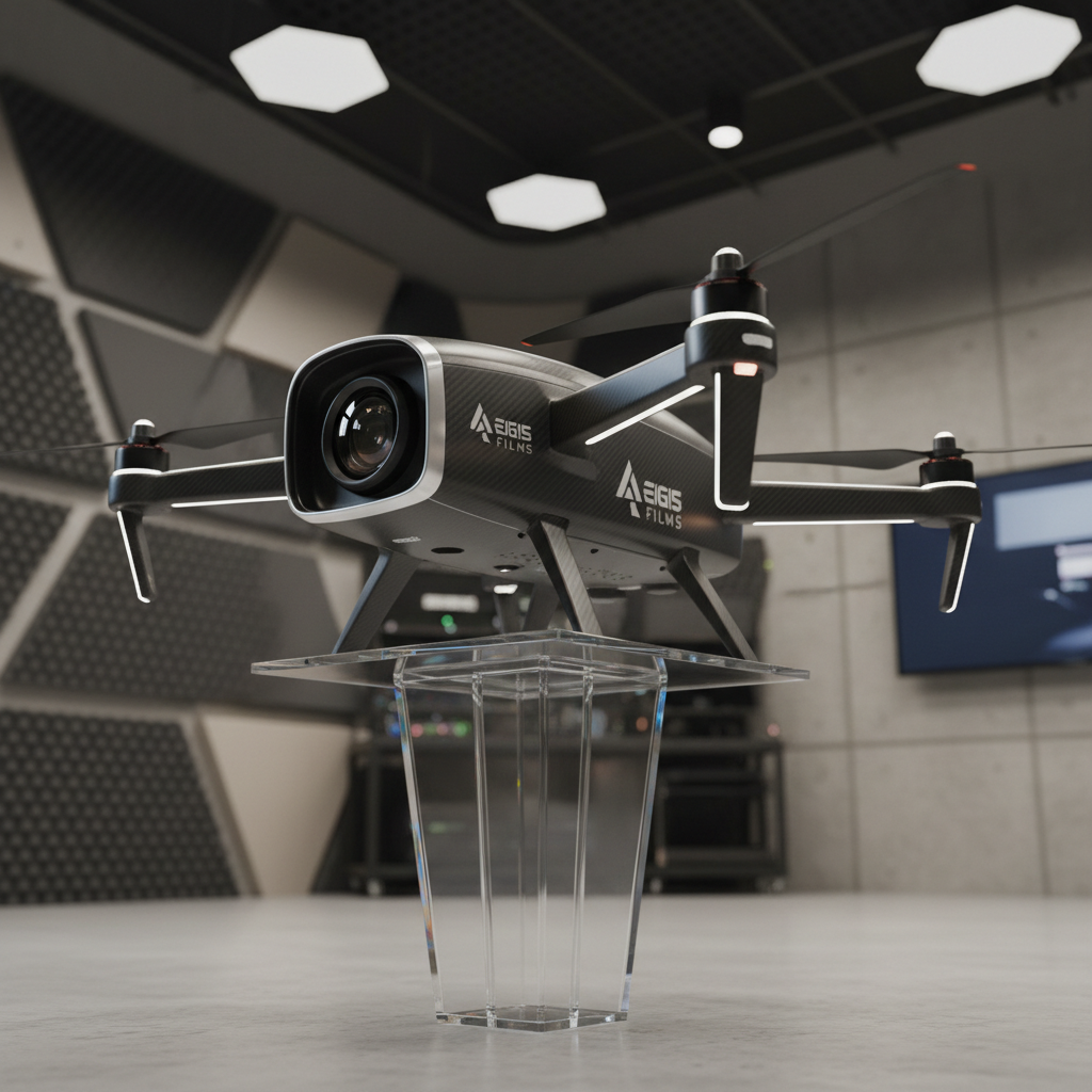 An ultra-high-resolution camera drone resting atop a glass pedestal, its streamlined carbon fiber and anodized aluminum chassis reflecting the studio’s branding in subtle, etched silver. The scene unfolds within a modern production studio, surrounded by structured soundproof paneling and neutral-toned walls. Targeted spotlights from above emphasize the drone’s symmetrical design, creating clean rim highlights and soft-edged shadows below. Shot from a low, three-quarter angle to enhance presence, the image features a crisp, shallow depth of field with the background gently blurred, fostering a sense of focus, precision, and technical mastery in a corporate filmmaking environment.