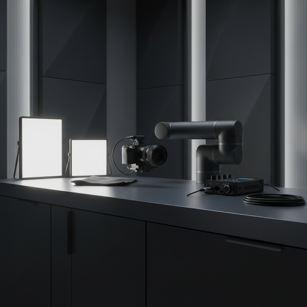 A carefully arranged array of professional video equipment—LED panel lights, a matte-finish robotic camera arm, and a digital audio recorder—placed atop a slate-gray counter of brushed steel. The background features neutral, acoustically treated studio walls intersected by linear frosted glass panels. Directional softbox lighting from one side creates graceful, controlled highlights and subtle shadows, emphasizing the tactile differences in materials. Framed using a wide-angle lens from an eye-level perspective with a rule-of-thirds composition, the image reinforces a sense of streamlined productivity and contemporary sophistication essential to an AI filmmaking studio's brand. The overall impression is clean, structured, and confidence-inspiring.