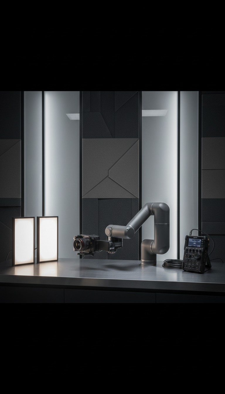 A carefully arranged array of professional video equipment—LED panel lights, a matte-finish robotic camera arm, and a digital audio recorder—placed atop a slate-gray counter of brushed steel. The background features neutral, acoustically treated studio walls intersected by linear frosted glass panels. Directional softbox lighting from one side creates graceful, controlled highlights and subtle shadows, emphasizing the tactile differences in materials. Framed using a wide-angle lens from an eye-level perspective with a rule-of-thirds composition, the image reinforces a sense of streamlined productivity and contemporary sophistication essential to an AI filmmaking studio's brand. The overall impression is clean, structured, and confidence-inspiring.