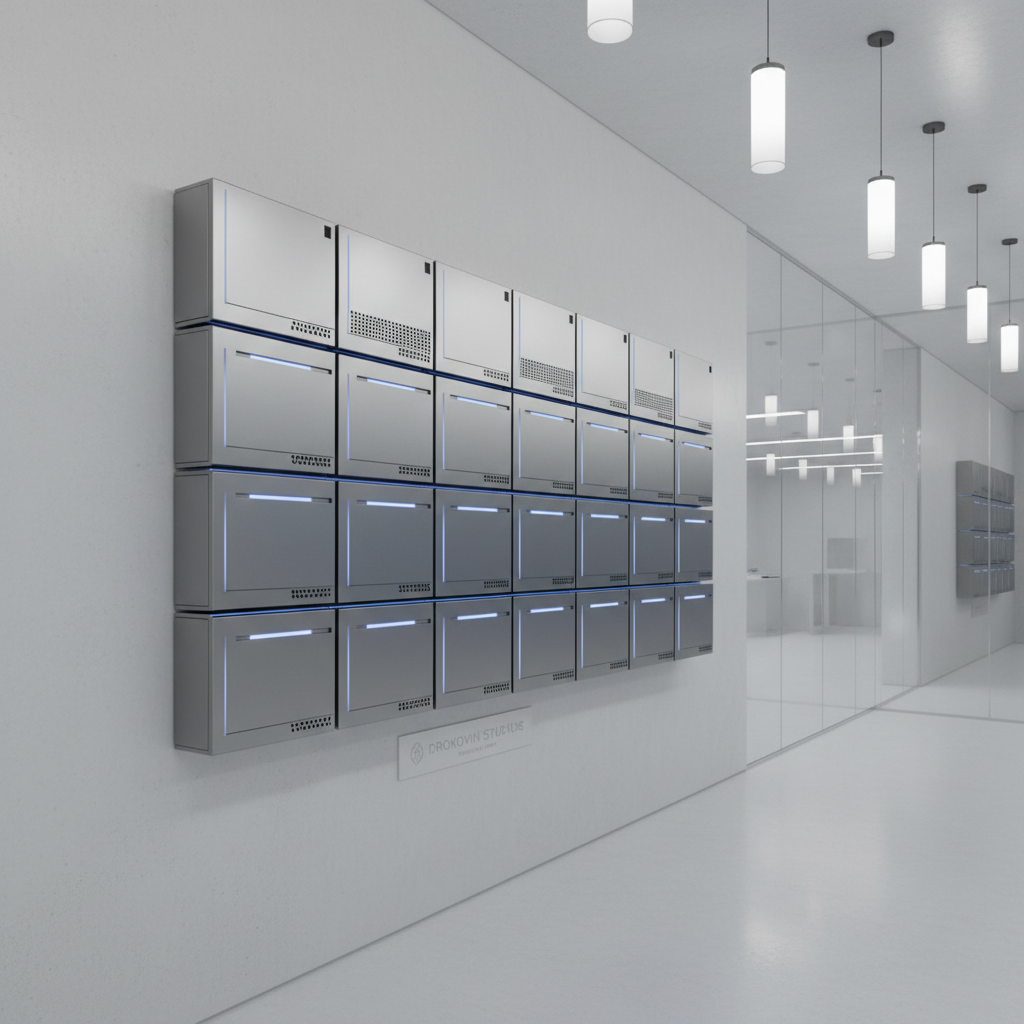 A minimalist, wall-mounted display of futuristic AI server hardware, each module enclosed in brushed steel casings with subtle blue LED accents glowing beneath air vents. The structure is set against a pale concrete wall in a pristine technology lab environment, where cable management is immaculate and the surroundings are spotless. Overhead pendant lights with frosted glass shades provide neutral, shadow-free illumination, highlighting the sleek lines and precise engineering of the equipment. Captured with a slightly elevated angle for depth, the composition adheres to the rule of thirds, conveying an aura of innovation and reliability suitable for Drokovin Studios' cutting-edge approach. The mood is confident, advanced, and meticulously professional.