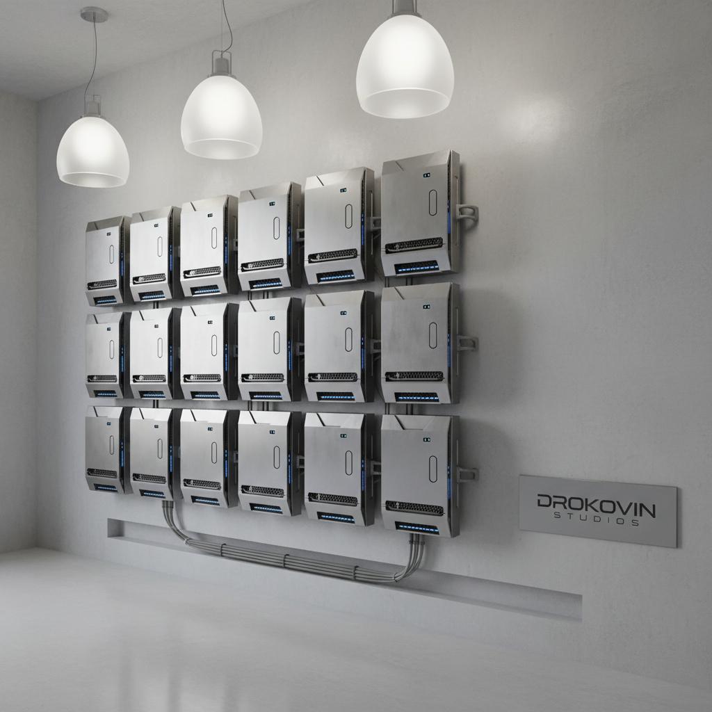 A minimalist, wall-mounted display of futuristic AI server hardware, each module enclosed in brushed steel casings with subtle blue LED accents glowing beneath air vents. The structure is set against a pale concrete wall in a pristine technology lab environment, where cable management is immaculate and the surroundings are spotless. Overhead pendant lights with frosted glass shades provide neutral, shadow-free illumination, highlighting the sleek lines and precise engineering of the equipment. Captured with a slightly elevated angle for depth, the composition adheres to the rule of thirds, conveying an aura of innovation and reliability suitable for Drokovin Studios' cutting-edge approach. The mood is confident, advanced, and meticulously professional.