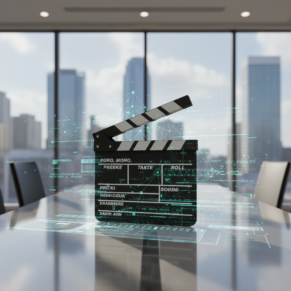 A pristine matte black clapperboard with chrome-edged slate, digitally enhanced with animated overlays of neural network diagrams and film timelines, positioned upright on a clear acrylic table. The setting is an executive conference room with a panoramic glass wall, cityscape visible but out of focus beyond. Soft, ambient daylight filters in, intermingling with recessed lighting to provide balanced, glare-free illumination and gentle, intentional shadows. Captured from a slightly elevated, off-center viewpoint, the composition integrates asymmetrical balance and structured lines, evoking a mood of innovation blending classic filmmaking artistry with modern AI-driven progress. The style is meticulously clean, sharp, and authentically photographic.