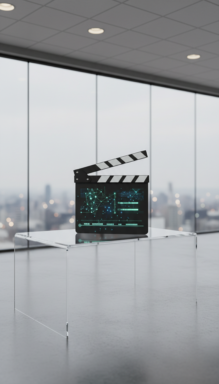 A pristine matte black clapperboard with chrome-edged slate, digitally enhanced with animated overlays of neural network diagrams and film timelines, positioned upright on a clear acrylic table. The setting is an executive conference room with a panoramic glass wall, cityscape visible but out of focus beyond. Soft, ambient daylight filters in, intermingling with recessed lighting to provide balanced, glare-free illumination and gentle, intentional shadows. Captured from a slightly elevated, off-center viewpoint, the composition integrates asymmetrical balance and structured lines, evoking a mood of innovation blending classic filmmaking artistry with modern AI-driven progress. The style is meticulously clean, sharp, and authentically photographic.